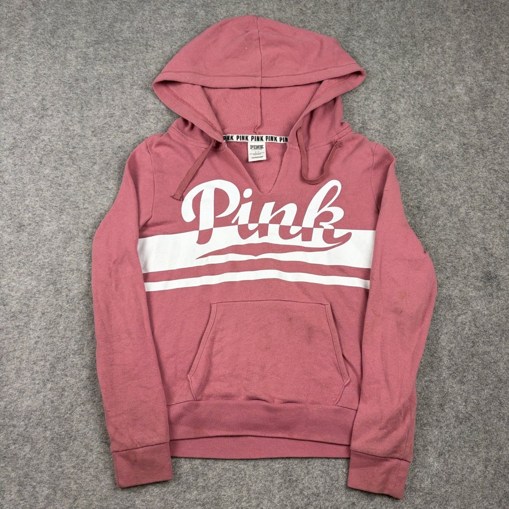 Victoria's Secret PINK Hoodie Womens S Pink White Logo Pullover Sweatshirt Y2K